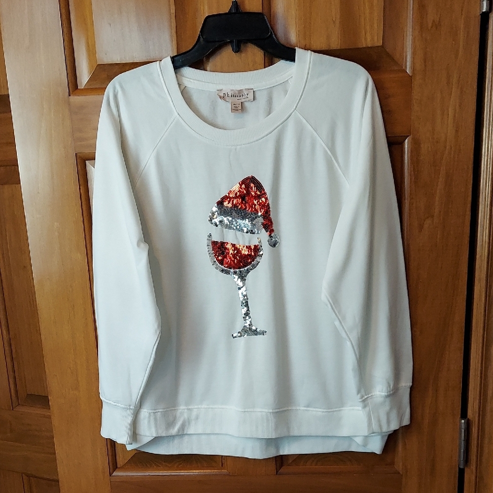 Philosophy White Santa Holiday Wine Glass Sequins Sweatshirt, Size XL, Like New▪